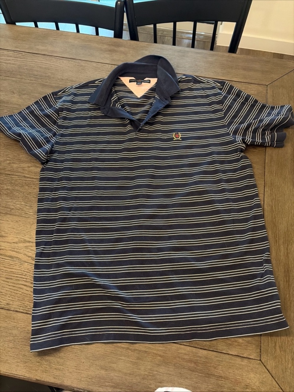 Vintage Tommy Hilfiger Men's Navy Striped Polo Shirt - Classic Short Sleeve